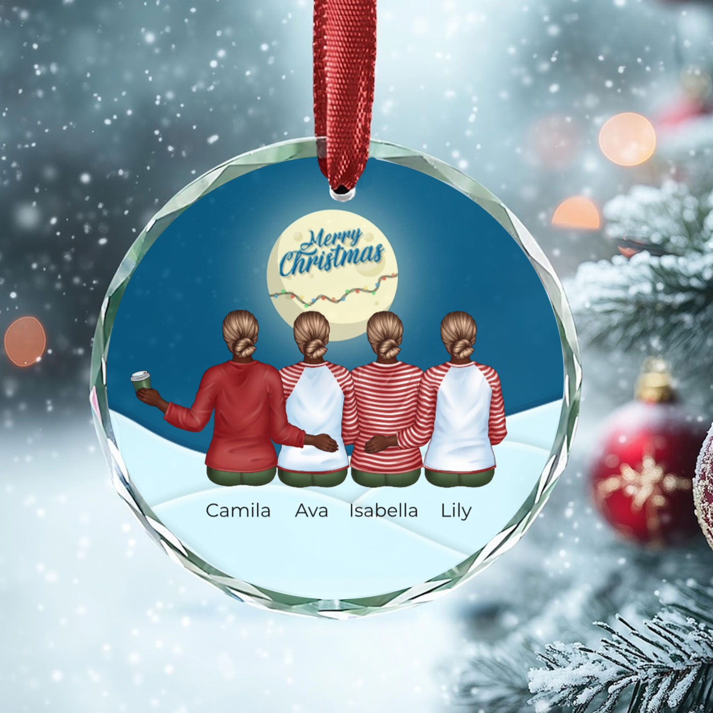 Personalized Christmas Ornament with Besties in Matching Outfits | Circle Glass Ornament
